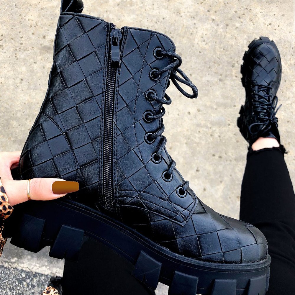 Woven Chunky Lugged Sole Lace Up Vegan Leather Mid Sole Ankle Combat Boot